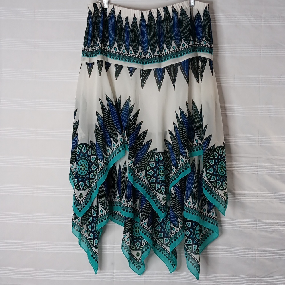 Lane Bryant White Maxi Skirt with Blue and Teal Geometric Print